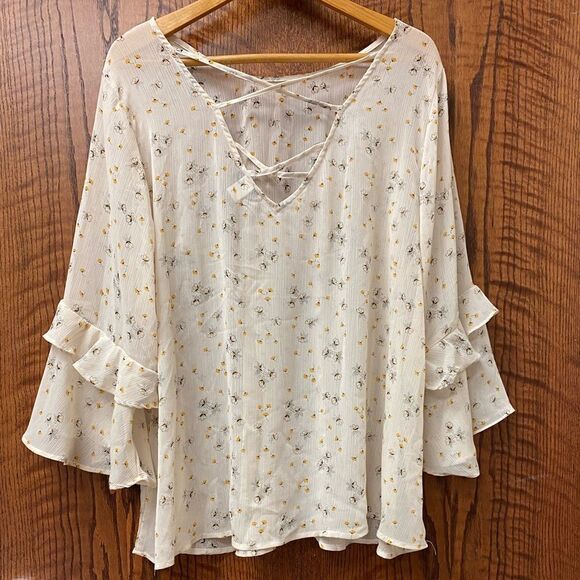 Torrid cream and yellow FLORAL PRINT CHIFFON RUFFLE BELL SLEEVE STRAPPY BLOUSE - Picture 7 of 8